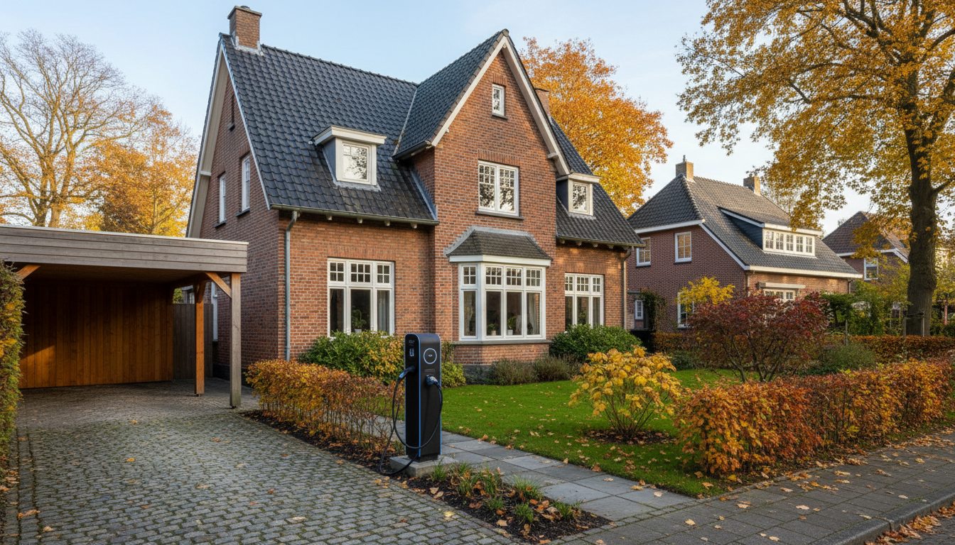 laadpaal installatie bij bakstenen woning in Flandre